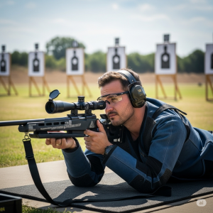 Tireur sportif allongé avec une arme d’épaule