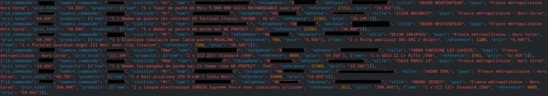Extrait anonymisé des données revendiquées dans la fuite de données de l’Armurerie Lavaux